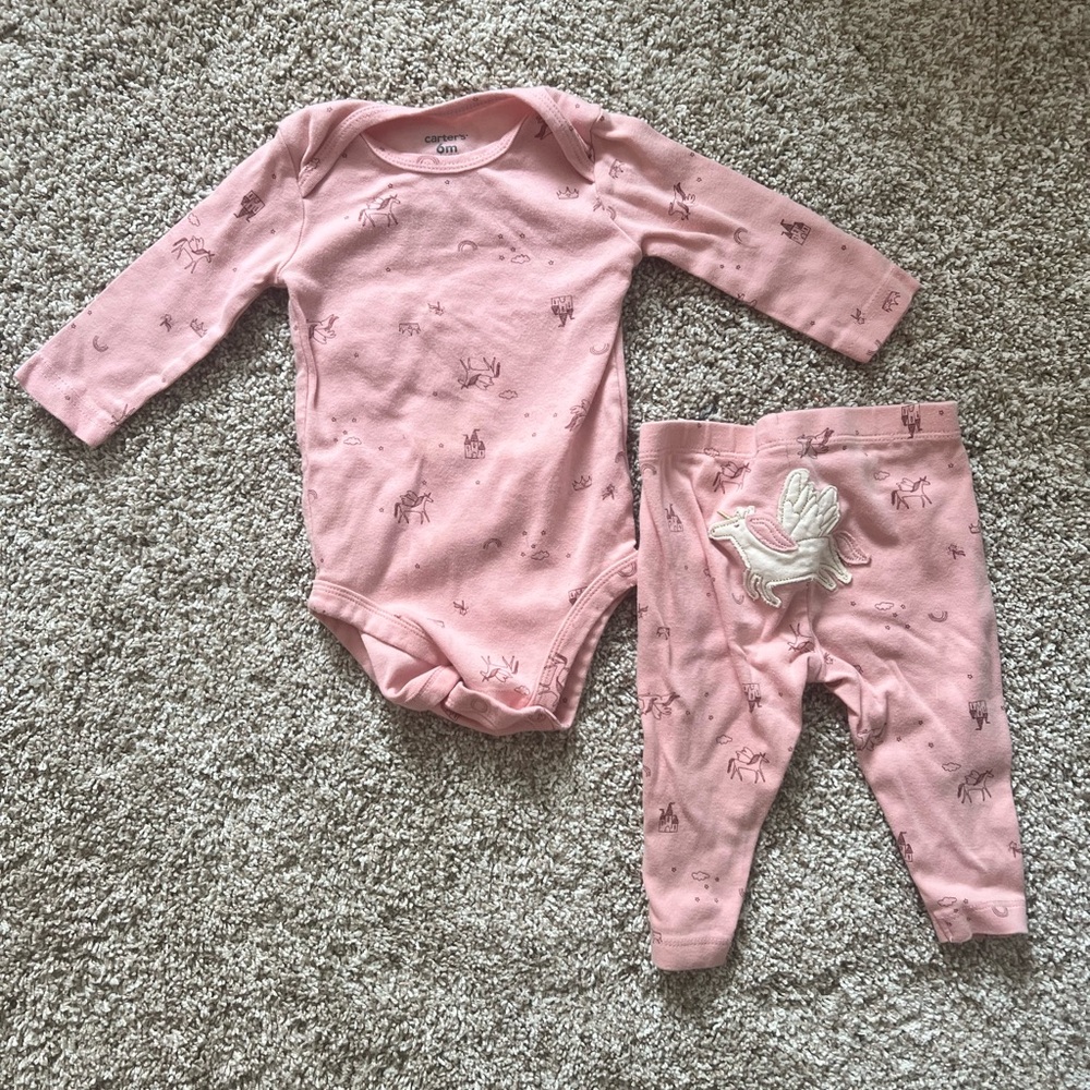 Carter's Pink Baby One-Piece & Legging Set - Unicorn Print size 6 month
